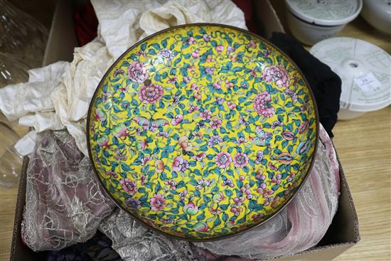 An 18th century enamel bowl and mixed enamel cloisonne wares largest diameter 25.5cm